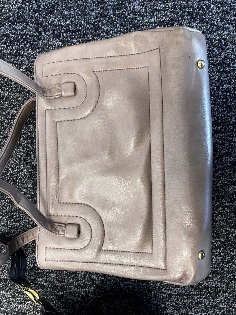 Vintage Taupe Leather Frame Handbag with Patterned Lining